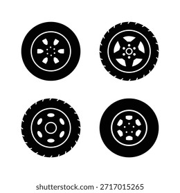 Juego de neumáticos de rueda de goma negra. Neumáticos de rueda. Pistas de la banda de rodadura del neumático de coche, ruedas de carreras de motocicletas y neumáticos sucios pista. Iconos de la rueda del coche, neumático auto del sistema, neumáticos de rueda y discos. eps 10