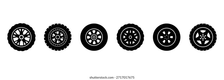Ilustración de icono de juego de neumáticos de rueda de goma negra. Conjunto de iconos de ruedas de coche. Una colección moderna de iconos de llantas y llantas de automóviles en estilos de contorno y relleno. eps 10