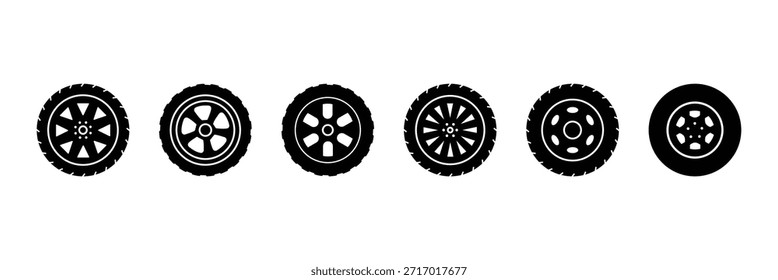 Ilustración de icono de juego de neumáticos de rueda de goma negra. Conjunto de iconos de ruedas de coche. Una colección moderna de iconos de llantas y llantas de automóviles en estilos de contorno y relleno. eps 10