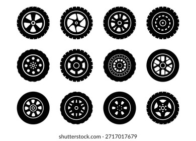Ilustración de icono de juego de neumáticos de rueda de goma negra. Conjunto de iconos de ruedas de coche. Una colección moderna de iconos de llantas y llantas de automóviles en estilos de contorno y relleno. eps 10