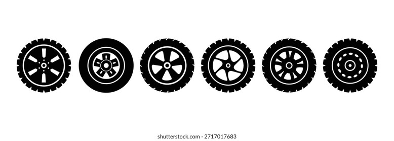 Ilustración de icono de juego de neumáticos de rueda de goma negra. Conjunto de iconos de ruedas de coche. Una colección moderna de iconos de llantas y llantas de automóviles en estilos de contorno y relleno. eps 10