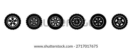 Black rubber wheel tire set icon illustration. Car wheels icon set. A modern collection of car wheel and rim icons in both outline and filled styles . eps 10