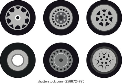 Black rubber wheel Van tire set. Wheel tires. Car tire tread tracks, Mini Van racing wheels and dirty tires track. Tyres road maintenance vector automobile. Auto Van wheel tyre. Vector illustration