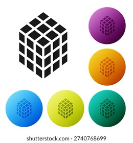 Black Rubik cube icon isolated on white background. Mechanical puzzle toy. Rubik's cube 3d combination puzzle. Set icons in color circle buttons. Vector