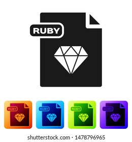 Black RUBY file document. Download ruby button icon isolated on white background. RUBY file symbol. Set icons in color square buttons. Vector Illustration