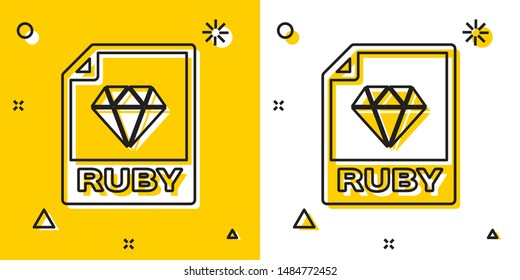 Black RUBY file document. Download ruby button icon isolated on yellow and white background. RUBY file symbol. Random dynamic shapes. Vector Illustration