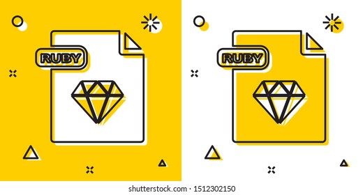Black RUBY file document. Download ruby button icon isolated on yellow and white background. RUBY file symbol. Random dynamic shapes. Vector Illustration