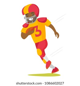 Black rugby player in helmet and uniform holding ball in hand. Full length of male american football player running with ball. Vector cartoon illustration isolated on white background.