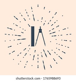 Black Ruler and drawing compass icon isolated on beige background. Drawing professional instrument. Geometric equipment. Education sign. Abstract circle random dots. Vector Illustration