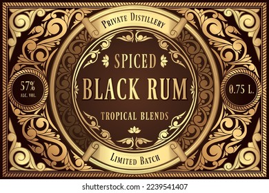 Black Rum - golden ornate retro decorative label