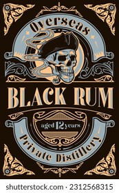 Black Rum - ornate vintage decorative label with drawn skull in tricorn hat