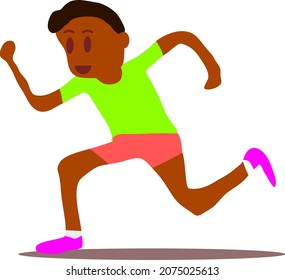 Black runner cartoon character running wearing green, pink and purple. Vector graphic isolated on white background.