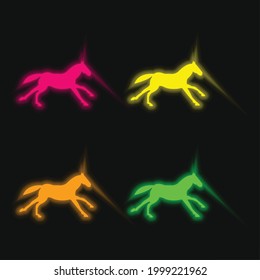 Black Running Horse four color glowing neon vector icon