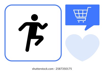 Black running stick figure, speech bubble with shopping cart icon, and light blue heart shape. Ideal for fitness apps, online shopping websites, user interface design, app development, digital