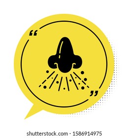 Black Runny nose icon isolated on white background. Rhinitis symptoms, treatment. Nose and sneezing. Nasal diseases. Yellow speech bubble symbol. Vector Illustration