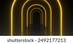 Black runway stage or corridor with neon yellow arch. Realistic 3d vector illustration of perspective hall or catwalk podium with golden light led arc. Abstract futuristic portal or night club walkway