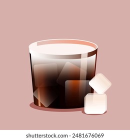 Cóctel ruso negro en vidrio lleno de cubos de hielo sobre fondo rosa suave. Ilustración vectorial. Diseño creativo. Concepto de bebida alcohólica, menú de bar, refresco, relajación, mixología