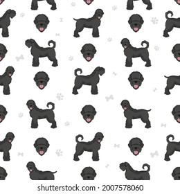 Black russian terrier seamless pattern. Different coat colors and poses set.  Vector illustration