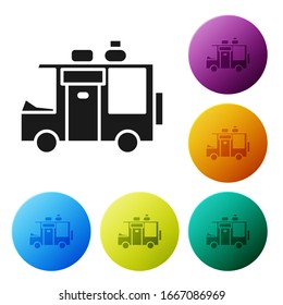 Black Rv Camping trailer icon isolated on white background. Travel mobile home, caravan, home camper for travel. Set icons in color circle buttons. Vector Illustration