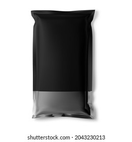 Black sachet, foil bag mockup vector blank, snack packet. Pillow sachet mock up, aluminum cosmetic packing, realistic chocolate wraping isolated on background. Drug packaging