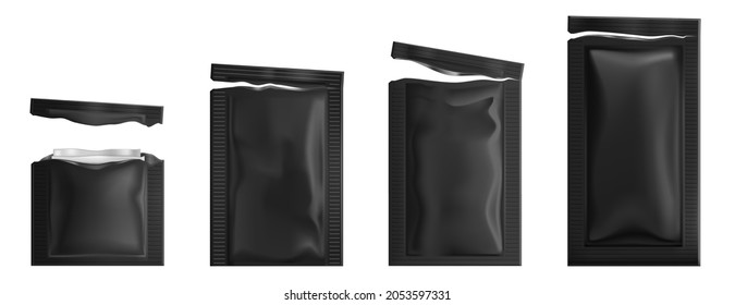 Black sachets with wet wipes. Vector realistic mockup of 3d torn foil packages with facial napkins. Set of blank pouches, plastic packets different size isolated on white background