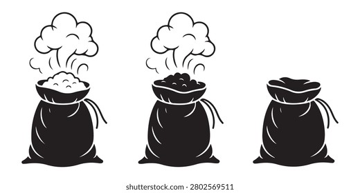 Black sack icons showing different fill levels and steam effects, sack with white steam, black steam and empty.