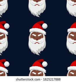 Black sad cartoon Santa Claus. Christmas Seamless Pattern with Christmas elements. Vector Illustration on dark blue background