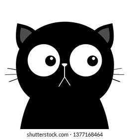 Black sad cat head face with big eyes. Cute cartoon kawaii funny character. Pet baby print collection. Flat design. White background. Isolated. Vector illustration