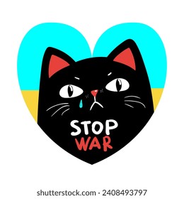 black sad cat heart, crying cat, stop war