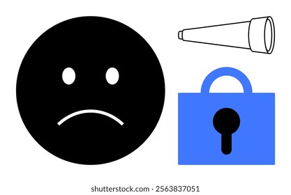 Black sad face, blue lock, and telescope arranged on white. Ideal for security themes, digital privacy concepts, emotional awareness campaigns, surveillance context, and technology-related