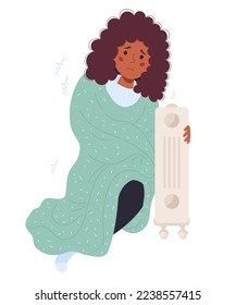 Black sad girl wrapped in blanket is freezing and basking near hot radiator. Vector illustration. Concept season cold, suffering of low degrees temperature and and room heat heating