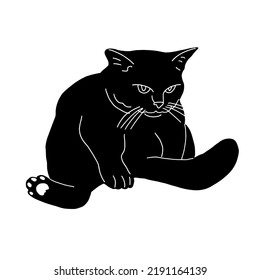 Black sad sitting cat silhouette isolated on white background. Cute kitty. Print design for t-shirts, stickers, souvenirs. humorous animals. Flat style in vector illustration. 