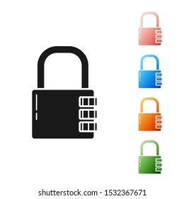 Black Safe combination lock icon isolated on white background. Combination padlock. Security, safety, protection, password, privacy. Set icons colorful. Vector Illustration