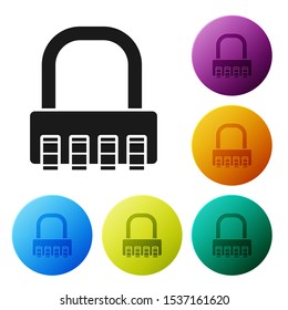 Black Safe combination lock icon isolated on white background. Combination padlock. Security, safety, protection, password, privacy. Set icons colorful circle buttons. Vector Illustration