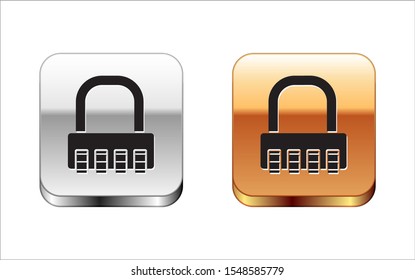 Black Safe combination lock icon isolated on white background. Combination padlock. Security, safety, protection, password, privacy. Silver-gold square button. Vector Illustration