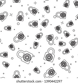 Black Safe combination lock wheel icon isolated seamless pattern on white background. Combination padlock. Security, safety, protection, password, privacy concept. Vector Illustration