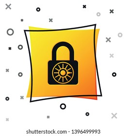 Black Safe combination lock wheel icon isolated on white background. Combination padlock. Security, safety, protection, password, privacy concept. Yellow square button. Vector Illustration