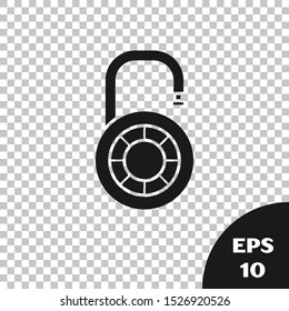 Black Safe combination lock wheel icon isolated on transparent background. Combination padlock. Security, safety, protection, password, privacy.  Vector Illustration