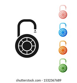Black Safe combination lock wheel icon isolated on white background. Combination padlock. Security, safety, protection, password, privacy. Set icons colorful. Vector Illustration