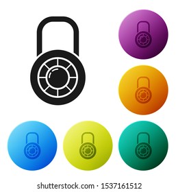 Black Safe combination lock wheel icon isolated on white background. Combination padlock. Security, safety, protection, password, privacy. Set icons colorful circle buttons. Vector Illustration