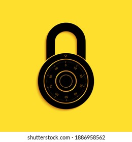 Black Safe combination lock wheel icon isolated on yellow background. Combination Padlock. Protection concept. Password sign. Long shadow style. Vector.