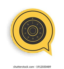 Black Safe combination lock wheel icon isolated on white background. Protection concept. Password sign. Yellow speech bubble symbol. Vector.