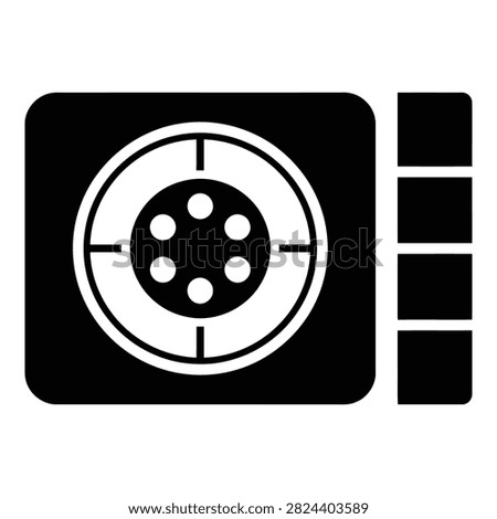 A black safe icon with a dial and bars on a white background, symbolizing security and finance
