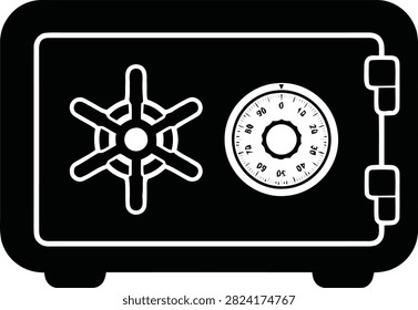 A black safe icon featuring a combination lock and a six-spoke handle. This strongbox symbolizes security, protection, finance, and valuable possessions. Ideal for banking, insurance, and data securit