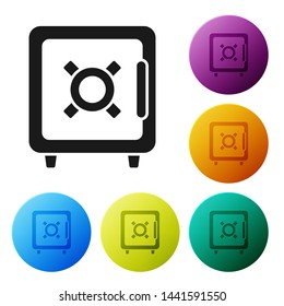 Black Safe icon isolated on white background. The door safe a bank vault with a combination lock. Reliable Data Protection. Set icons colorful circle buttons. Vector Illustration