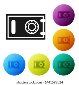 Black Safe icon isolated on white background. The door safe a bank vault with a combination lock. Reliable Data Protection.  Set icons colorful circle buttons. Vector Illustration
