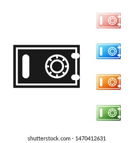 Black Safe icon isolated on white background. The door safe a bank vault with a combination lock. Reliable Data Protection.  Set icons colorful. Vector Illustration