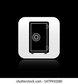 Black Safe icon isolated on black background. The door safe a bank vault with a combination lock. Reliable Data Protection. Square button vector Illustration