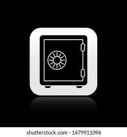 Black Safe icon isolated on black background. The door safe a bank vault with a combination lock. Reliable Data Protection. Square button vector Illustration