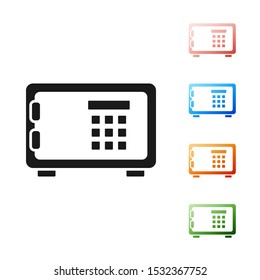 Black Safe icon isolated on white background. The door safe a bank vault with a combination lock. Reliable Data Protection. Set icons colorful. Vector Illustration
